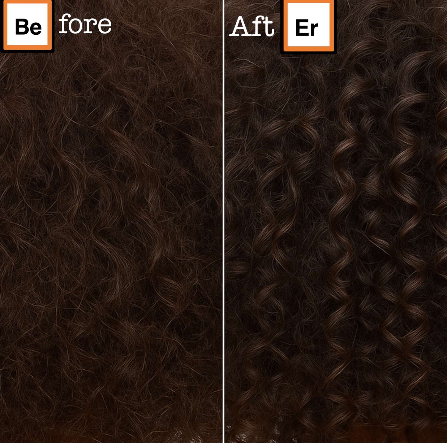 Before and after comparison of curly hair.