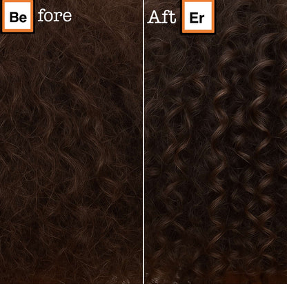 Before and after comparison of curly hair.