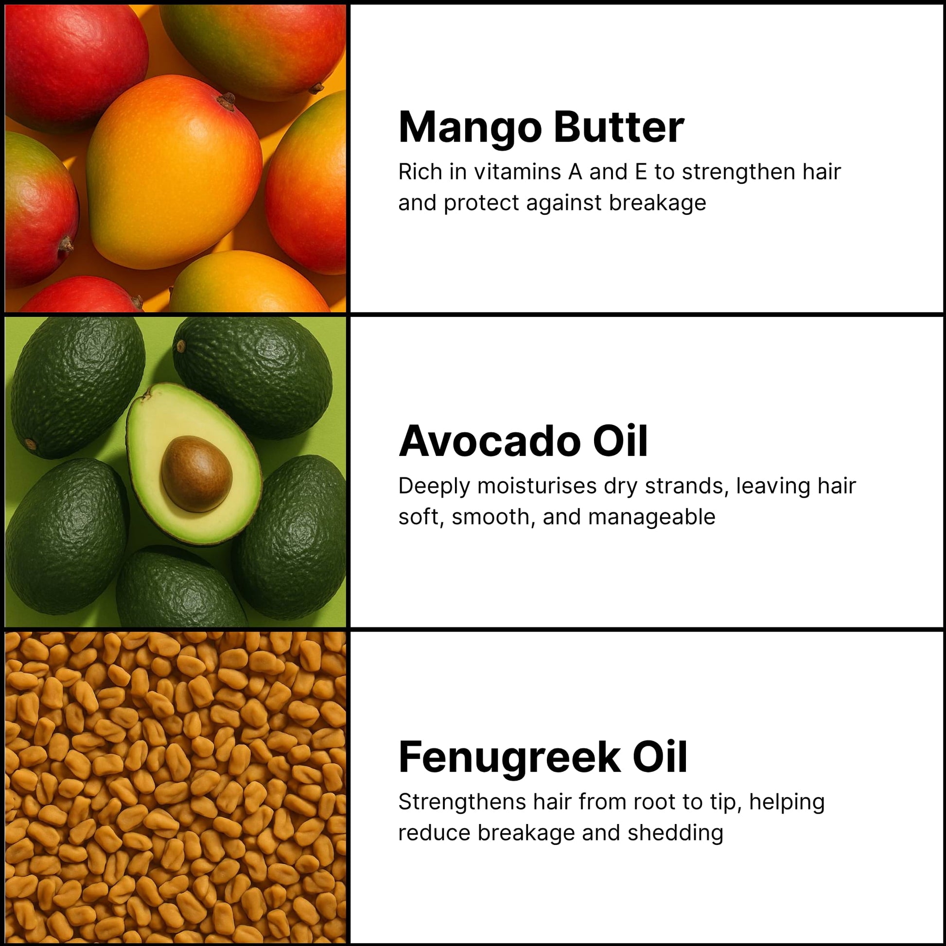 Main ingredients in leave in conditioner, display with mangoes, avocados, and fenugreek seeds, each labeled with their benefits.