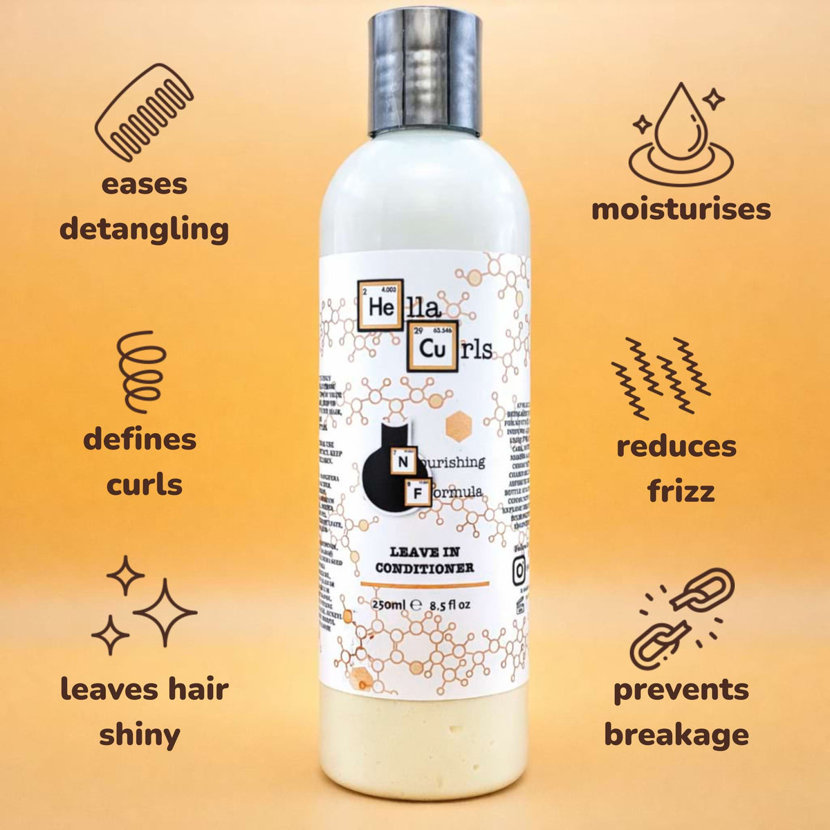 A bottle of Nourishing Formula Leave in Conditioner with its benefits, eases detangling, defines curls, leave hair shiny moisturises, reduces frizz and prevents breakage.