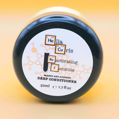 Jar of Hella Curls Reactivating Formula Deep Conditioner on a yellow background