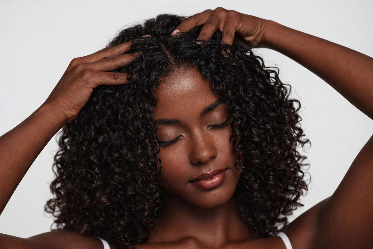 Woman with curly hair touching her head against a neutral background