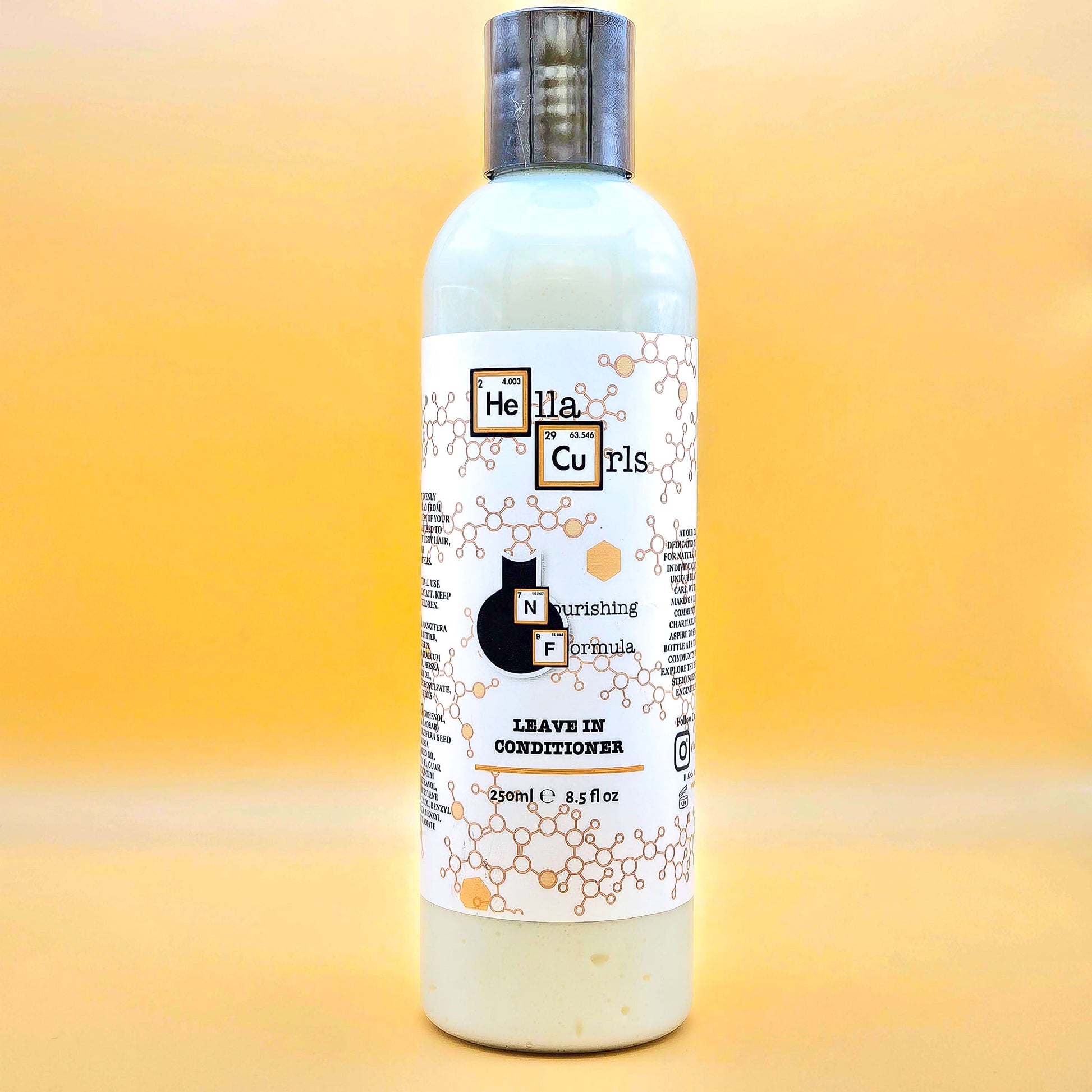 Bottle of Hella Curls Nourishing Formula leave-in conditioner on a gradient background