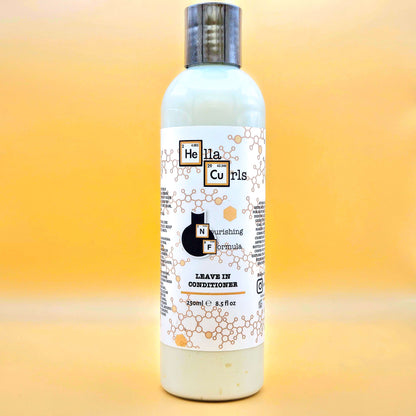 Bottle of Hella Curls Nourishing Formula leave-in conditioner on a gradient background