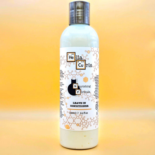 Bottle of Hella Curls Nourishing Formula leave-in conditioner on a gradient background