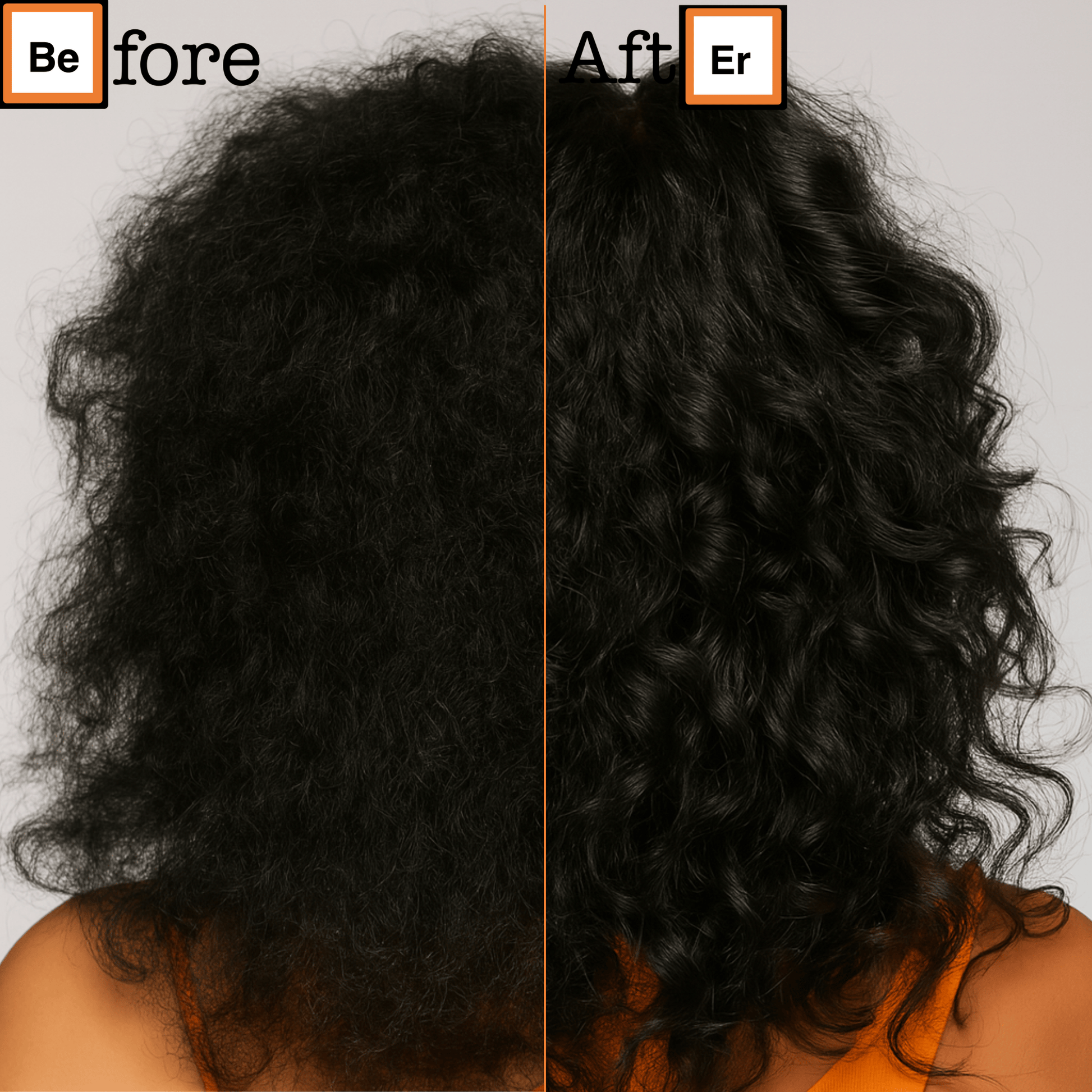 Before and after of curly hair transformation from frizzy to defined.