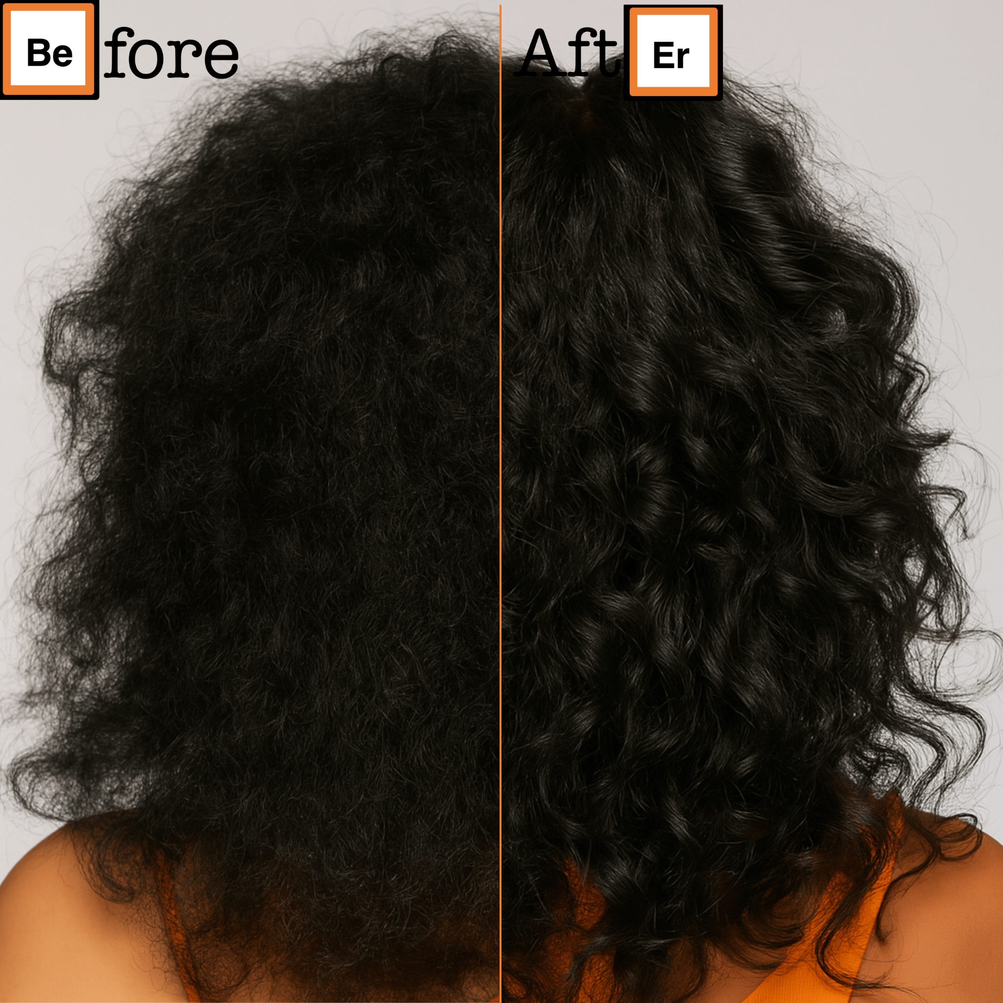 Before and after of curly hair transformation from frizzy to defined.