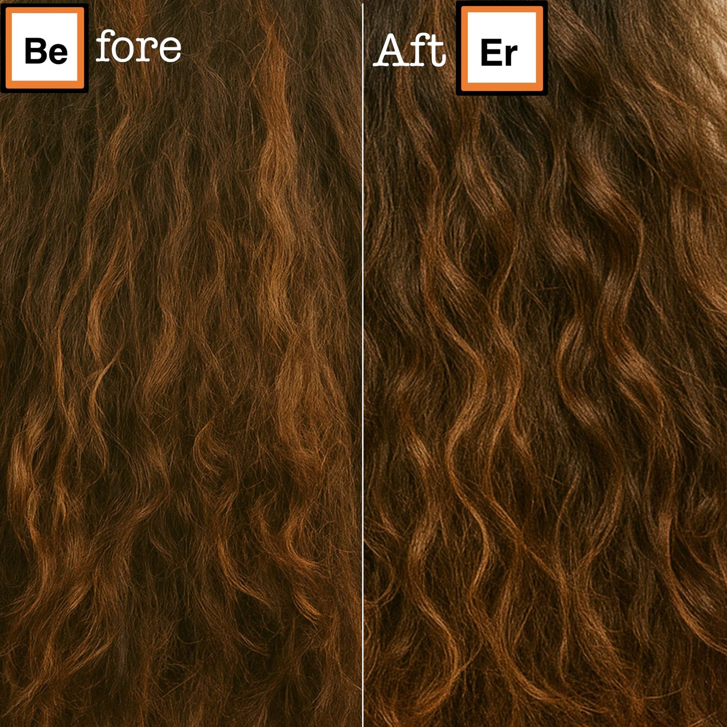Before and after comparison of wavy brown hair.