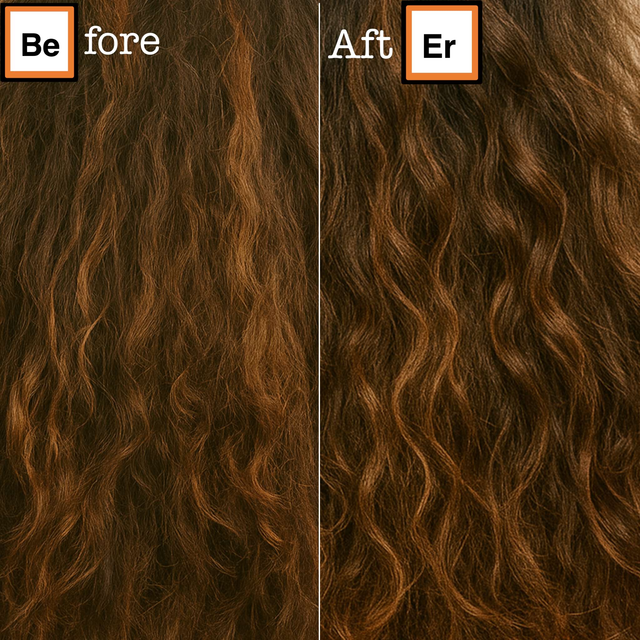 Before and after comparison of wavy brown hair.