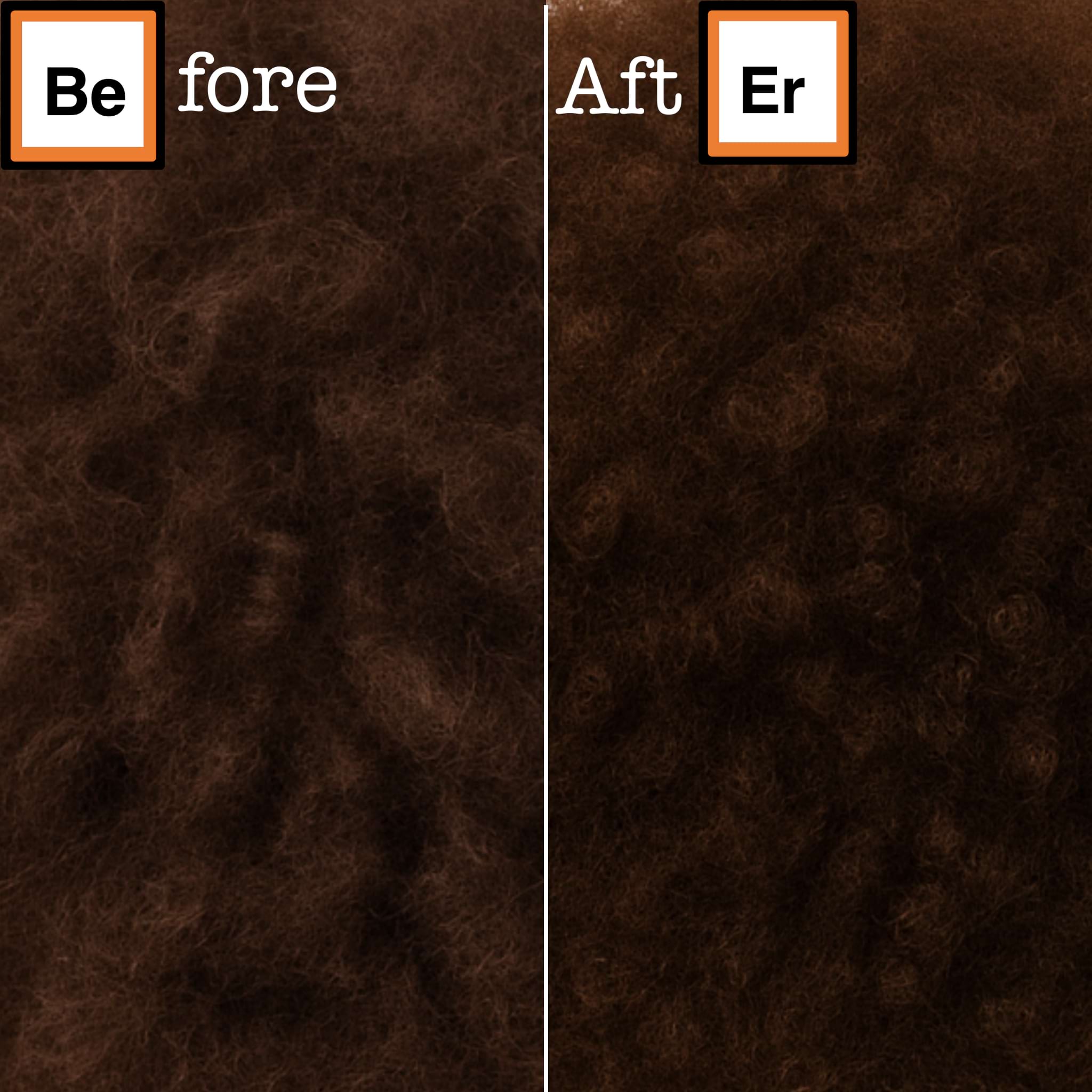 Before and after comparison of brown hair texture with 'Before' and 'After' labels.