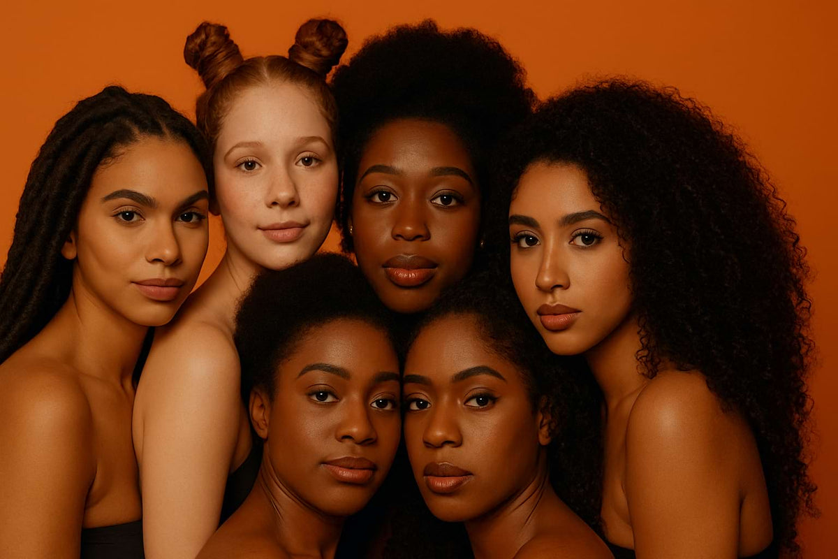 Group of six women with diverse hairstyles and skin tones against an orange background