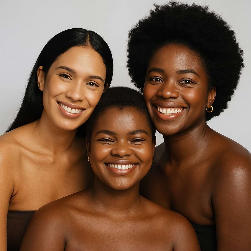 Three women with different skin tones smiling against a neutral background