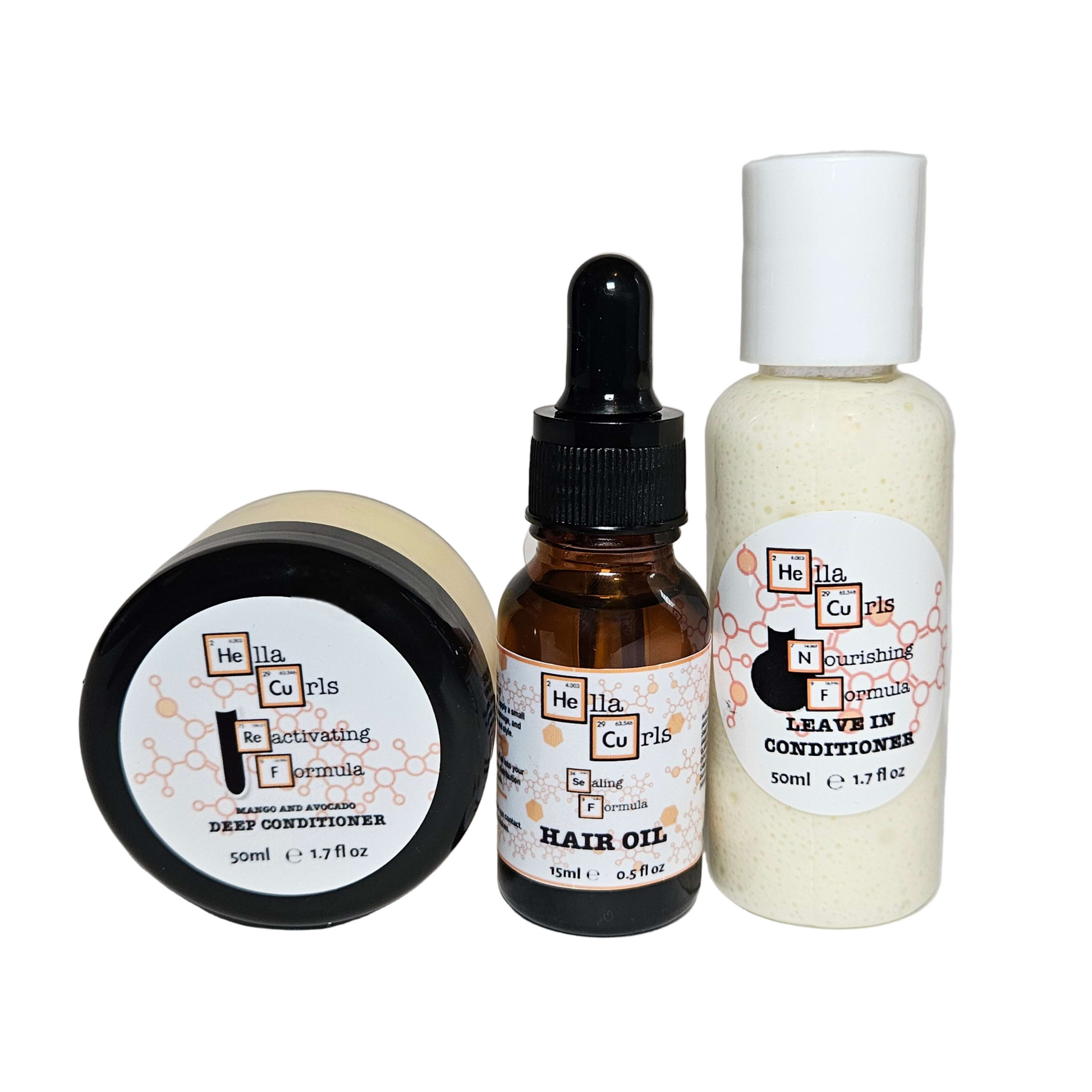 Set of Hella Curls hair care products including a jar, bottle, and dropper on a white background.