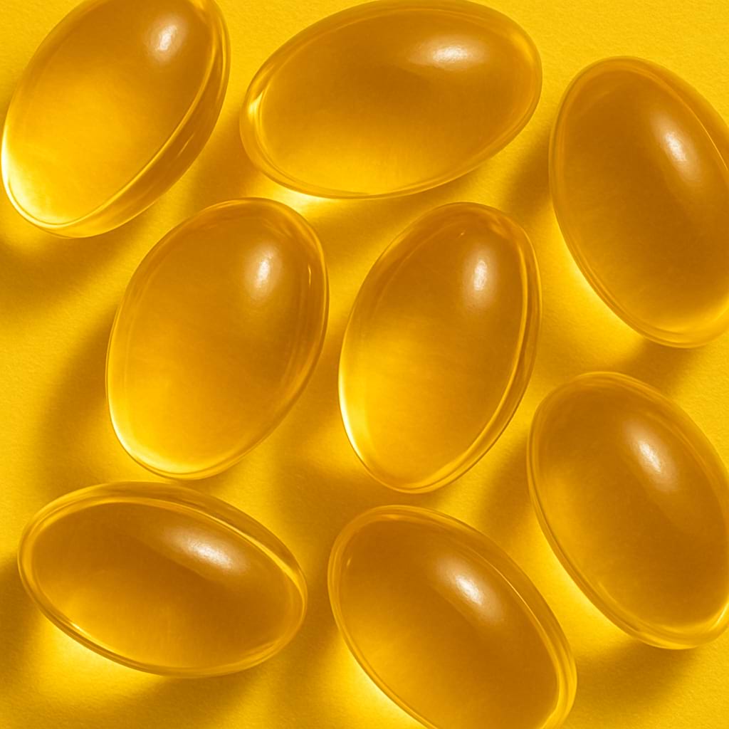 Vitamin e capsules on a yellow background