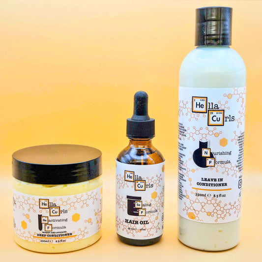 Three hair care products from Hella Curls on a yellow background