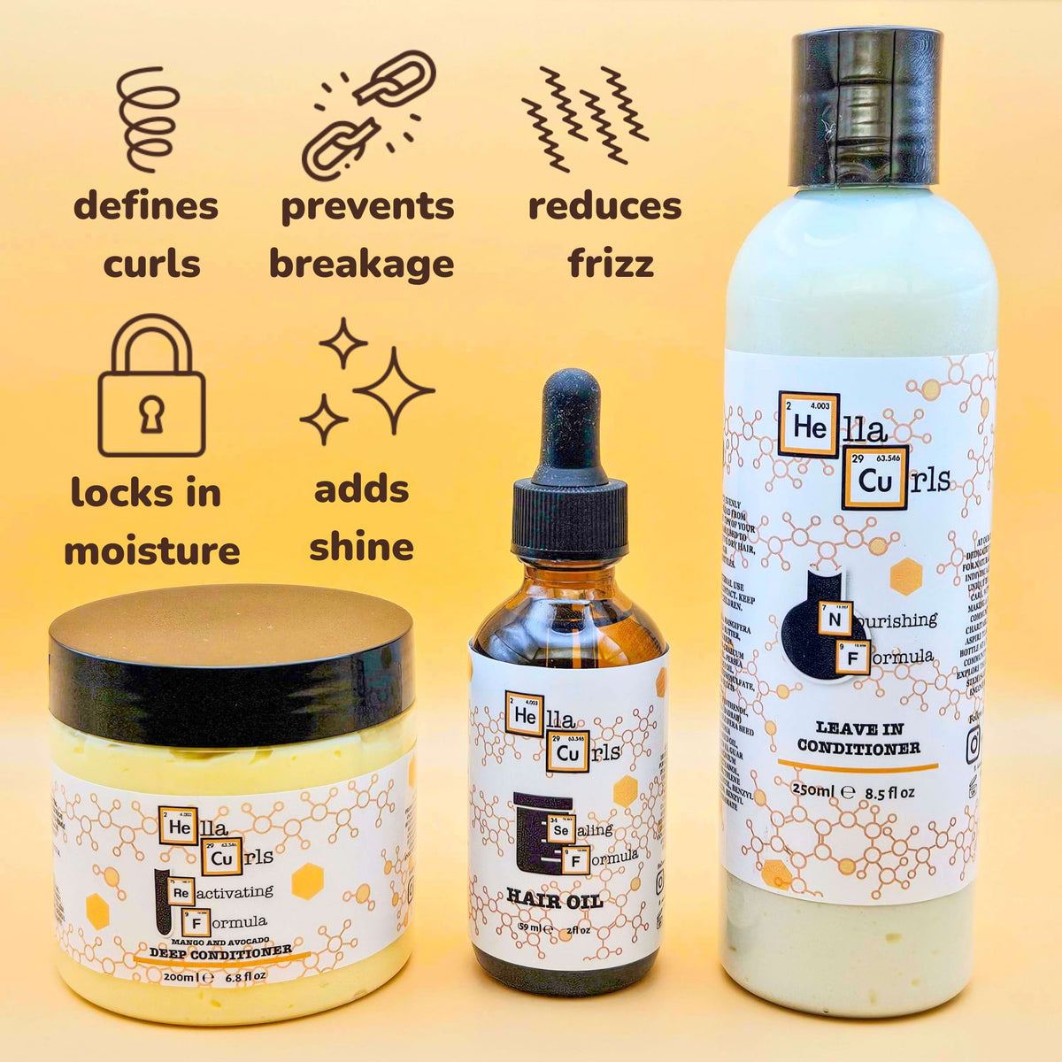 Wash Day Bundle Benefits are defines curls, prevents breakage, reduces frizz, locks in moisture and adds shine.