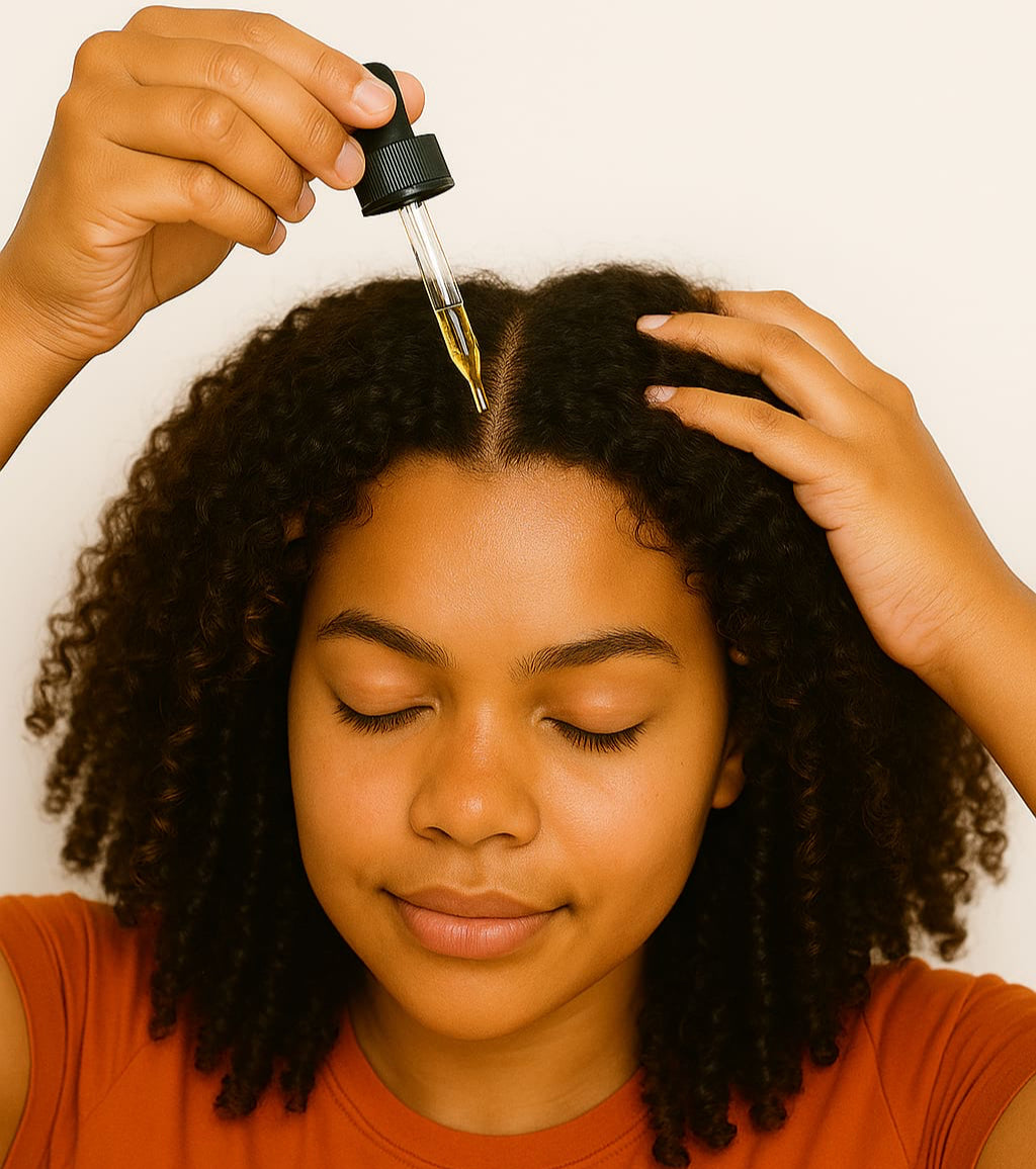 Applying hair oil to scalp for moisture and scalp care.