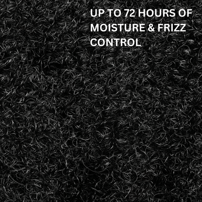 Text on a black textured background indicating moisture and frizz control.