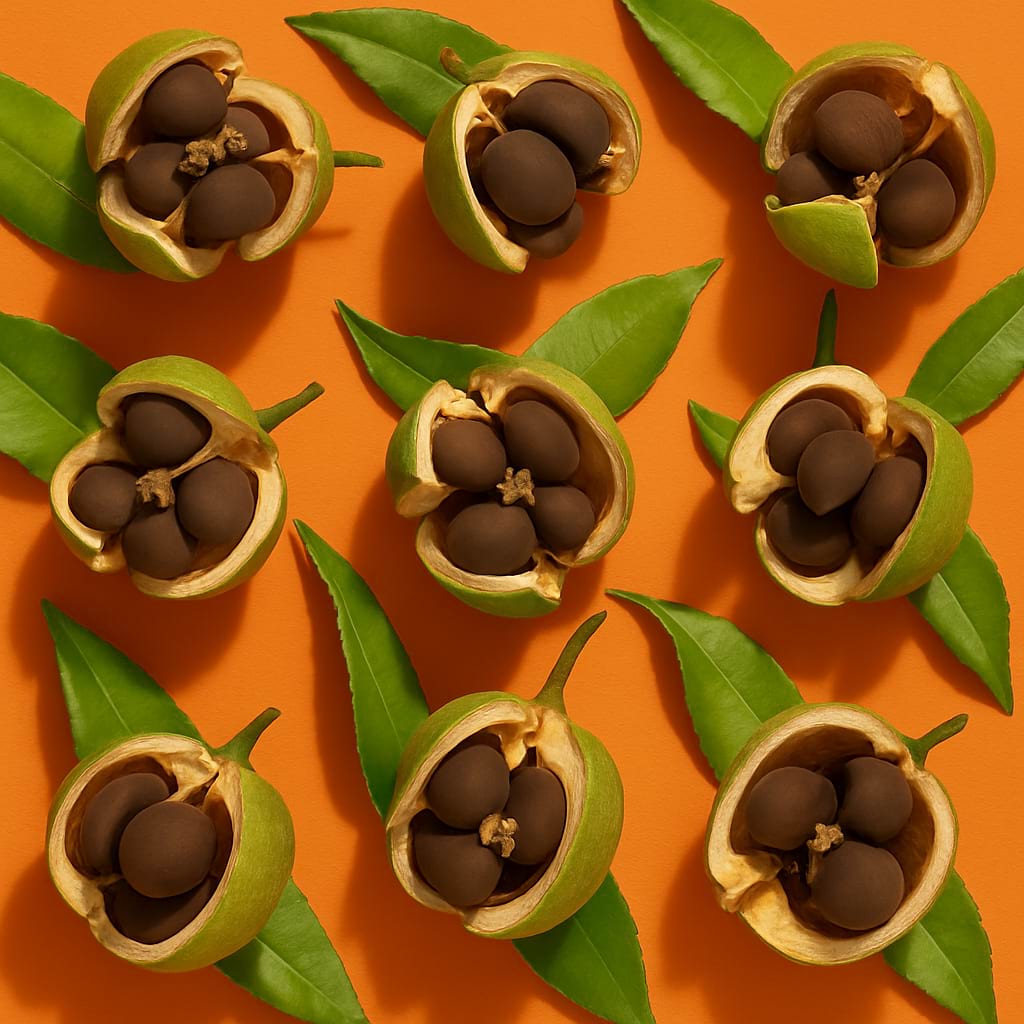 Camellia seeds on an orange background