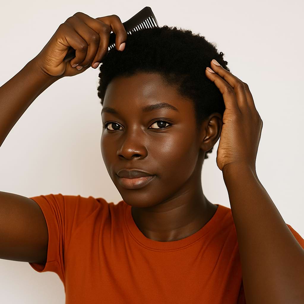 Black woman combing short natural hair.