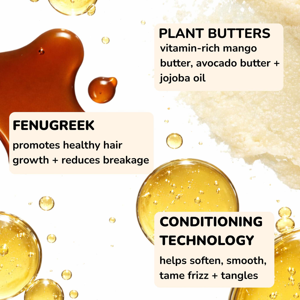 Mango butter and fenugreek oil ingredients close-up