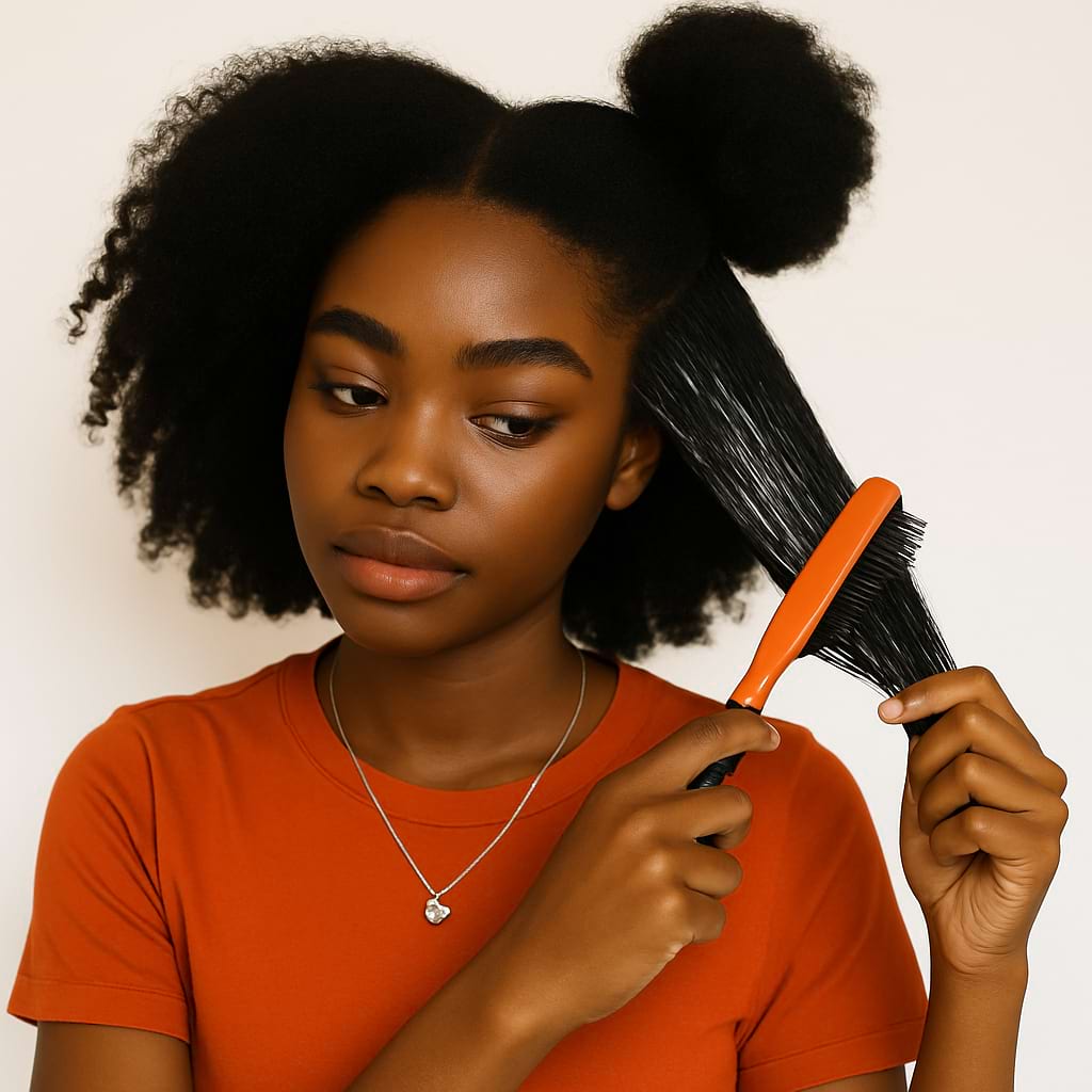 Girl detangling sectioned natural hair with brush.