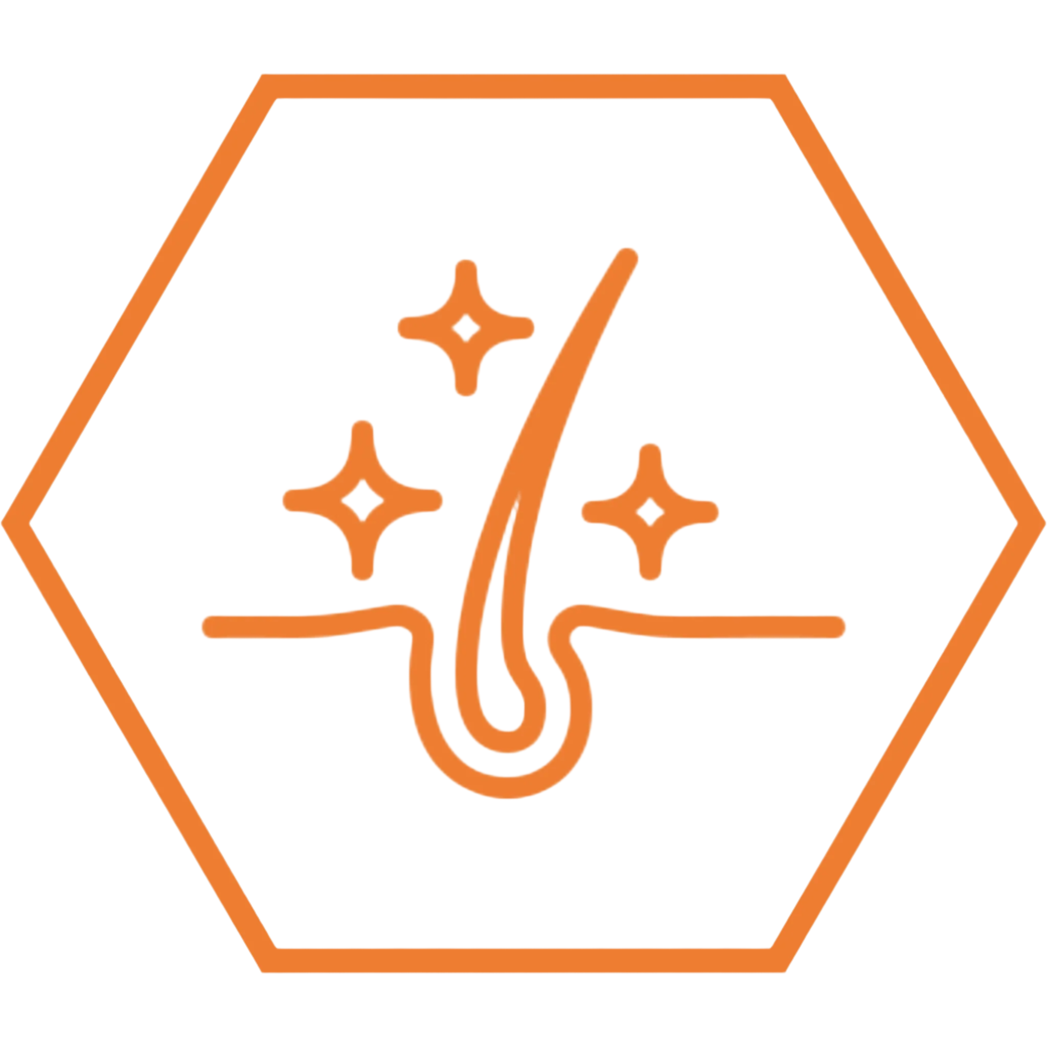 Orange icon of a hair follicle with sparkles in a hexagon.