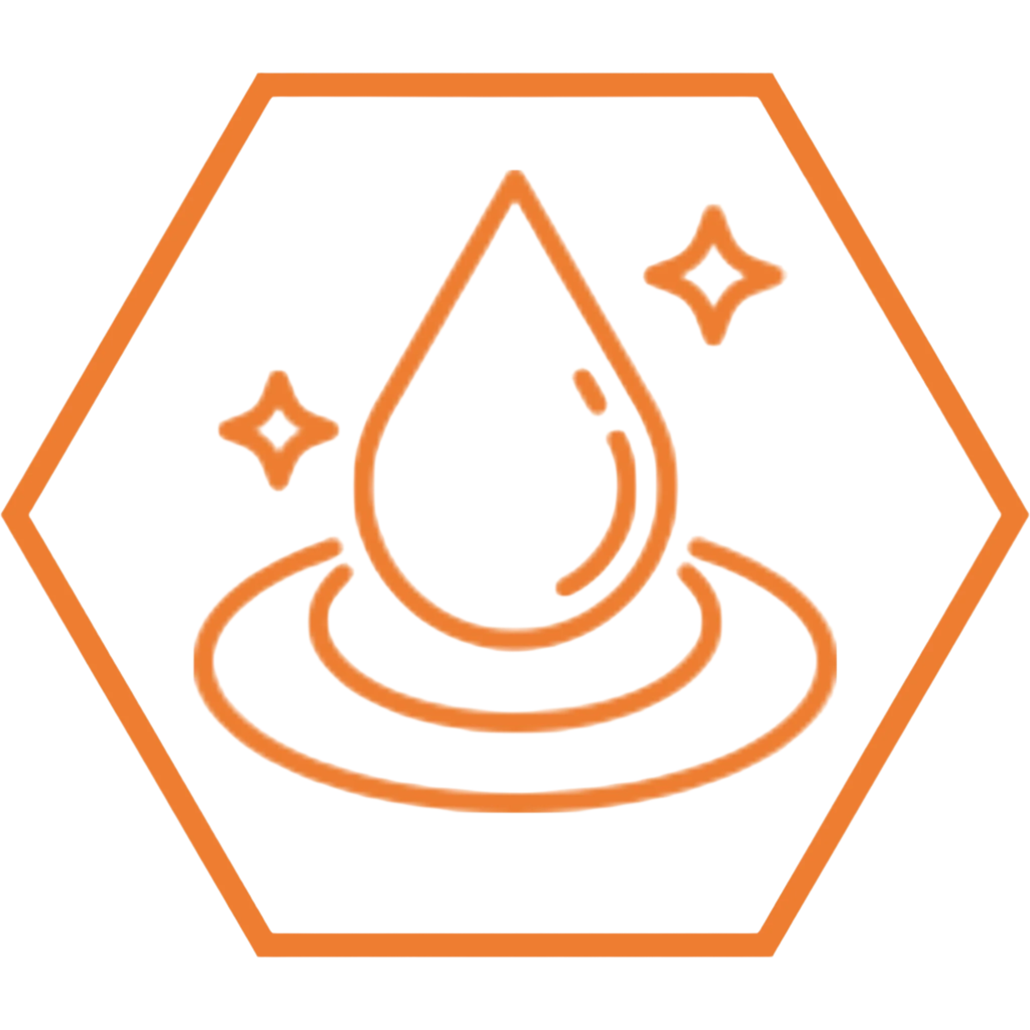 Orange droplet icon with stars inside a hexagon on a white background