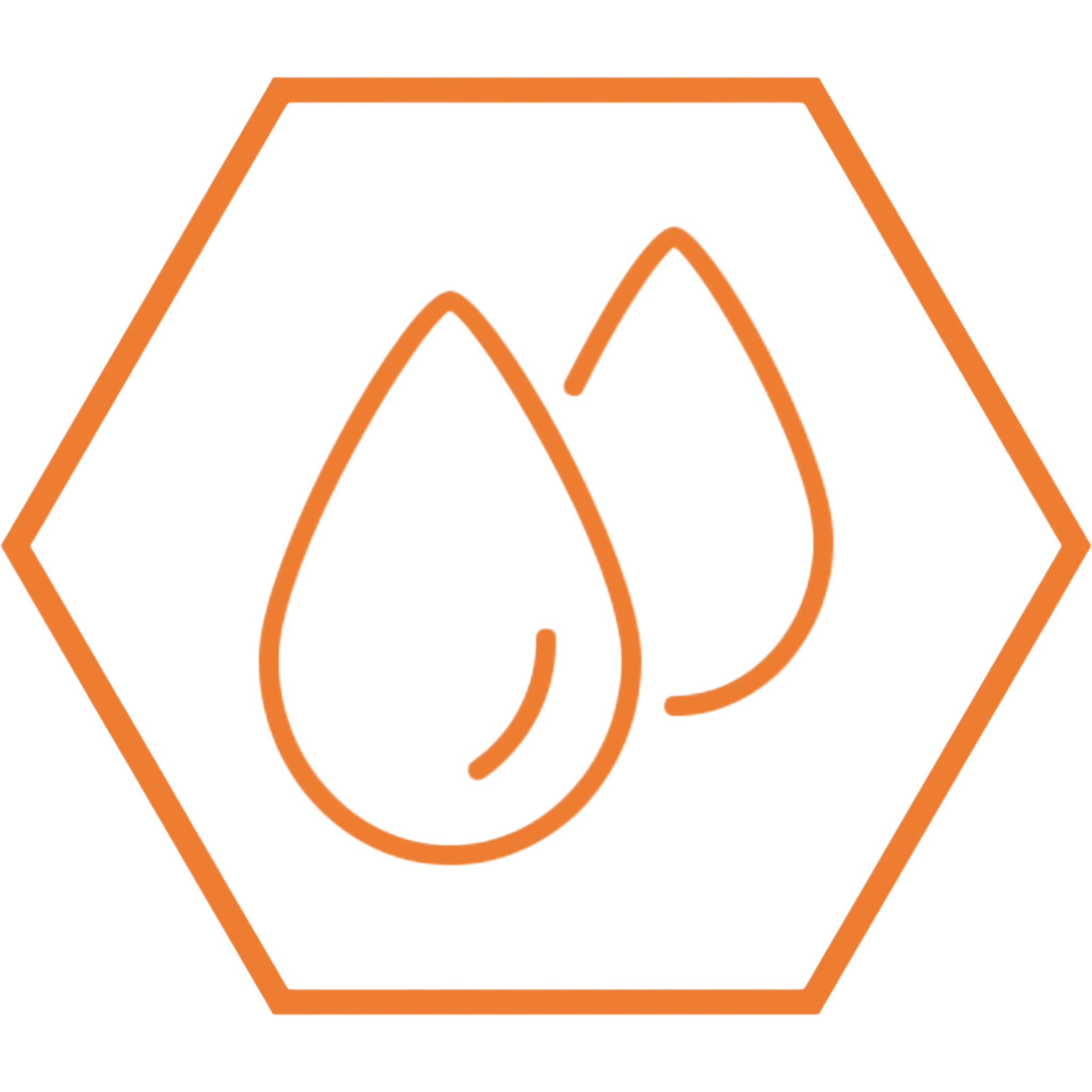 Orange icon of two water droplets inside a hexagon.