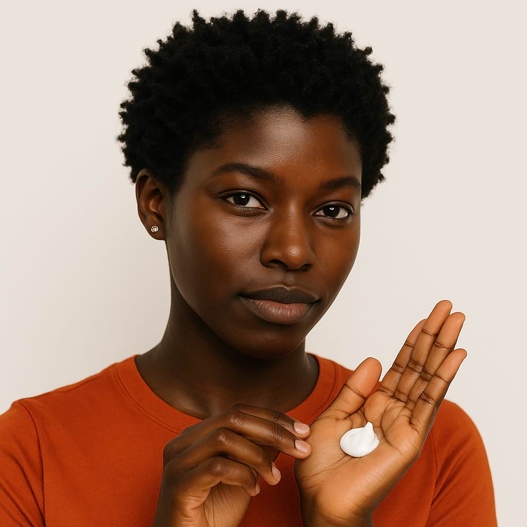 Woman with short natural hair holding product in hand.