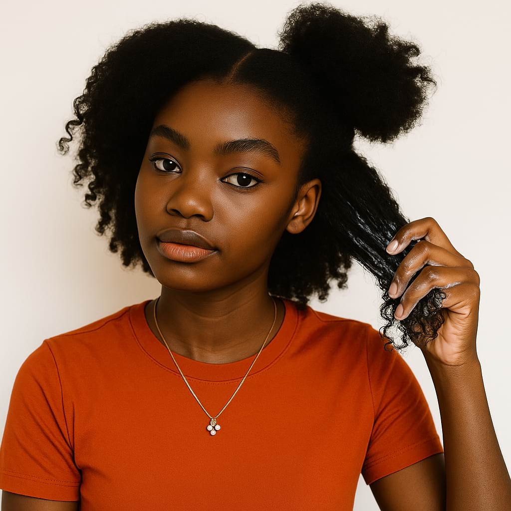 Girl examining defined curls in sectioned hair.