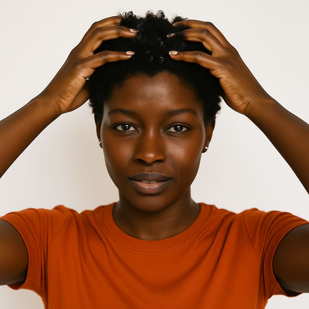 Woman massaging scalp with short natural hair.