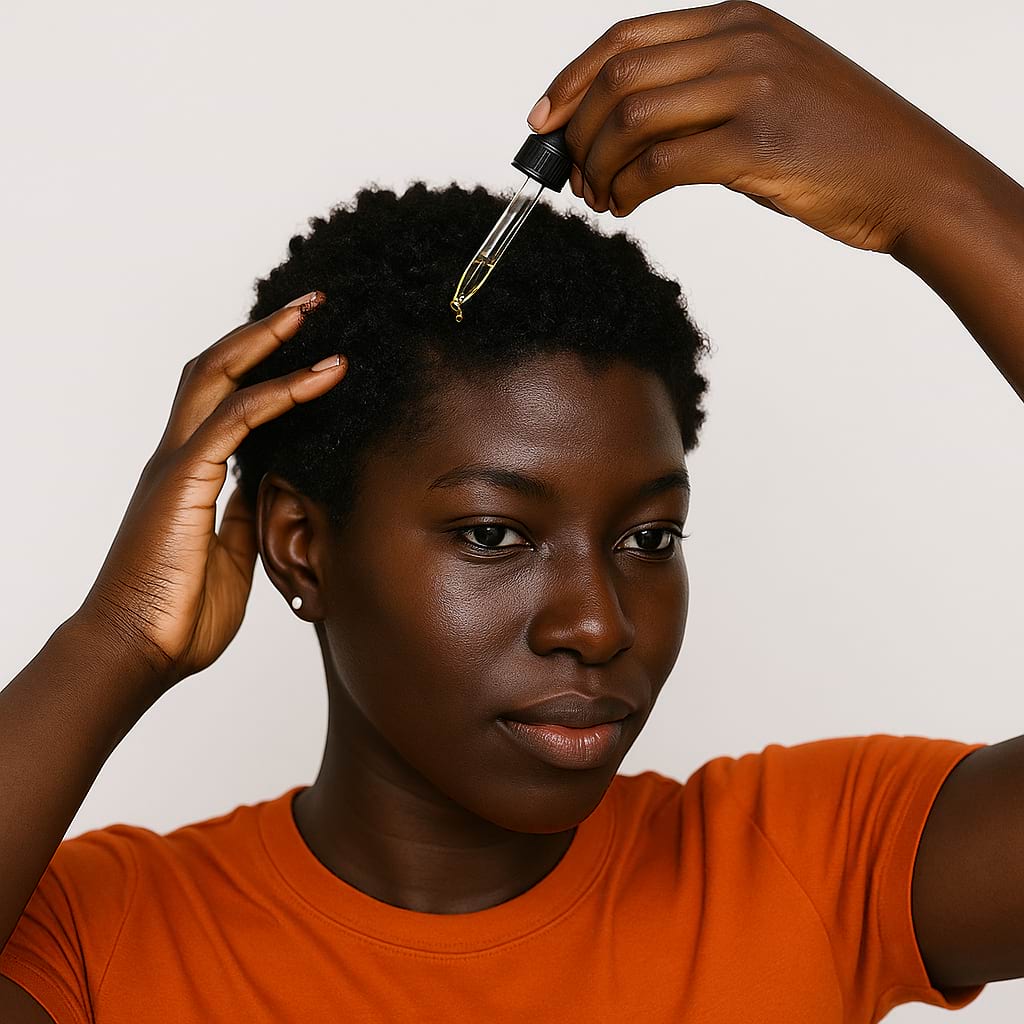 Woman applying oil to short natural hair with dropper.