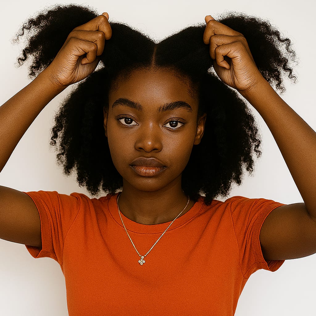 Young woman sectioning natural hair before styling.