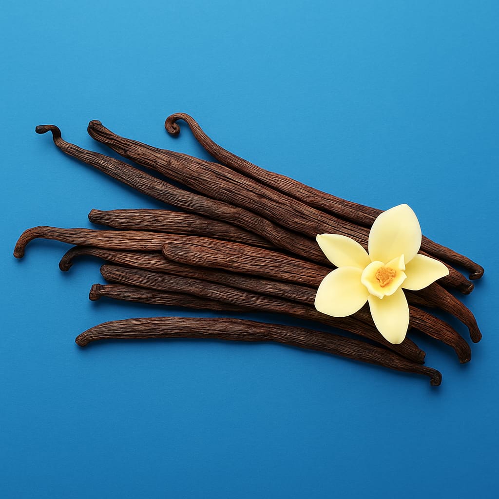 Vanilla beans with a vanilla flower on a blue background