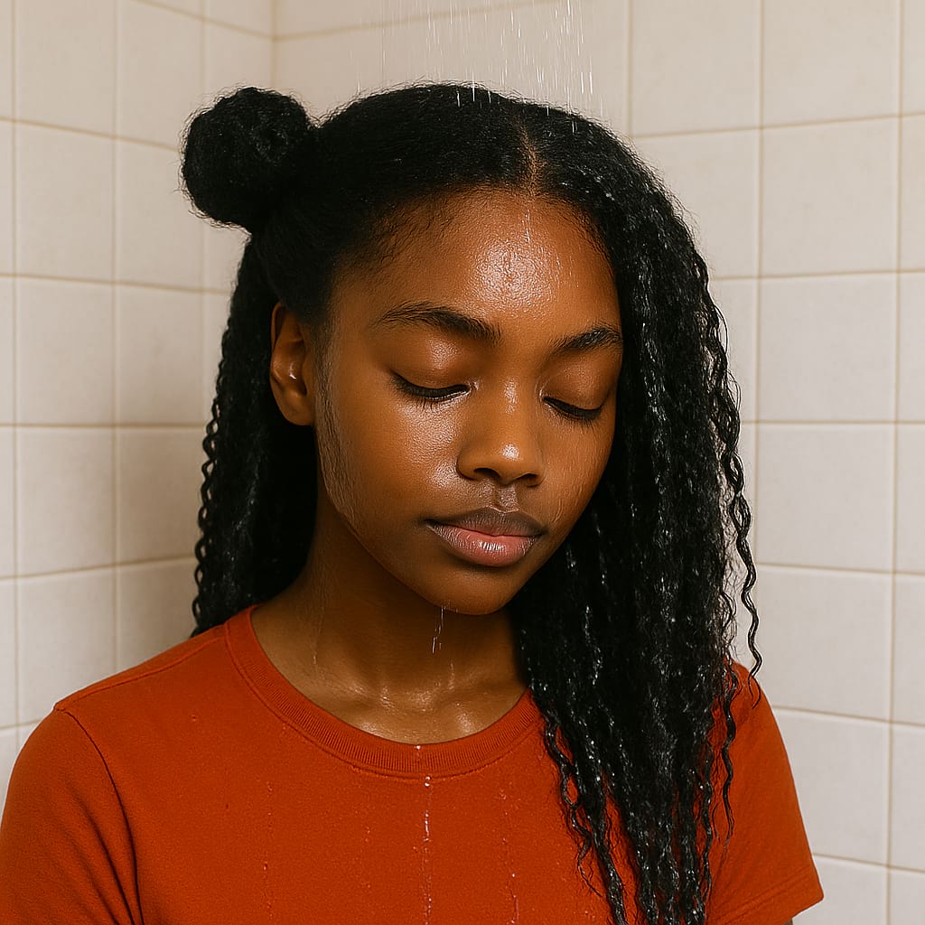 Girl with natural hair under running water in shower.